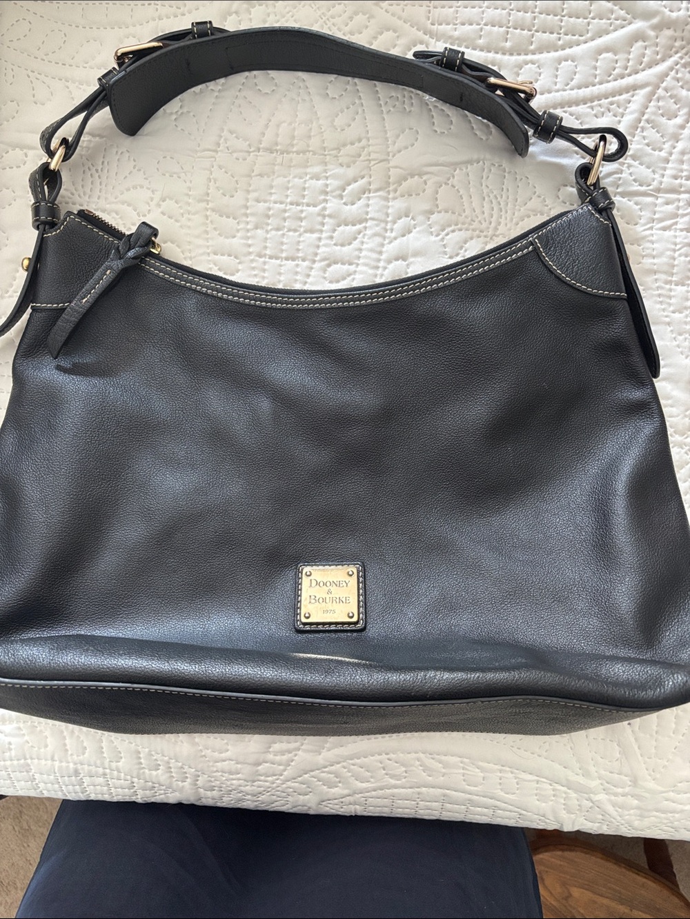 Dooney & Bourke Black Leather Hobo Shoulder Bag with Gold Plaque